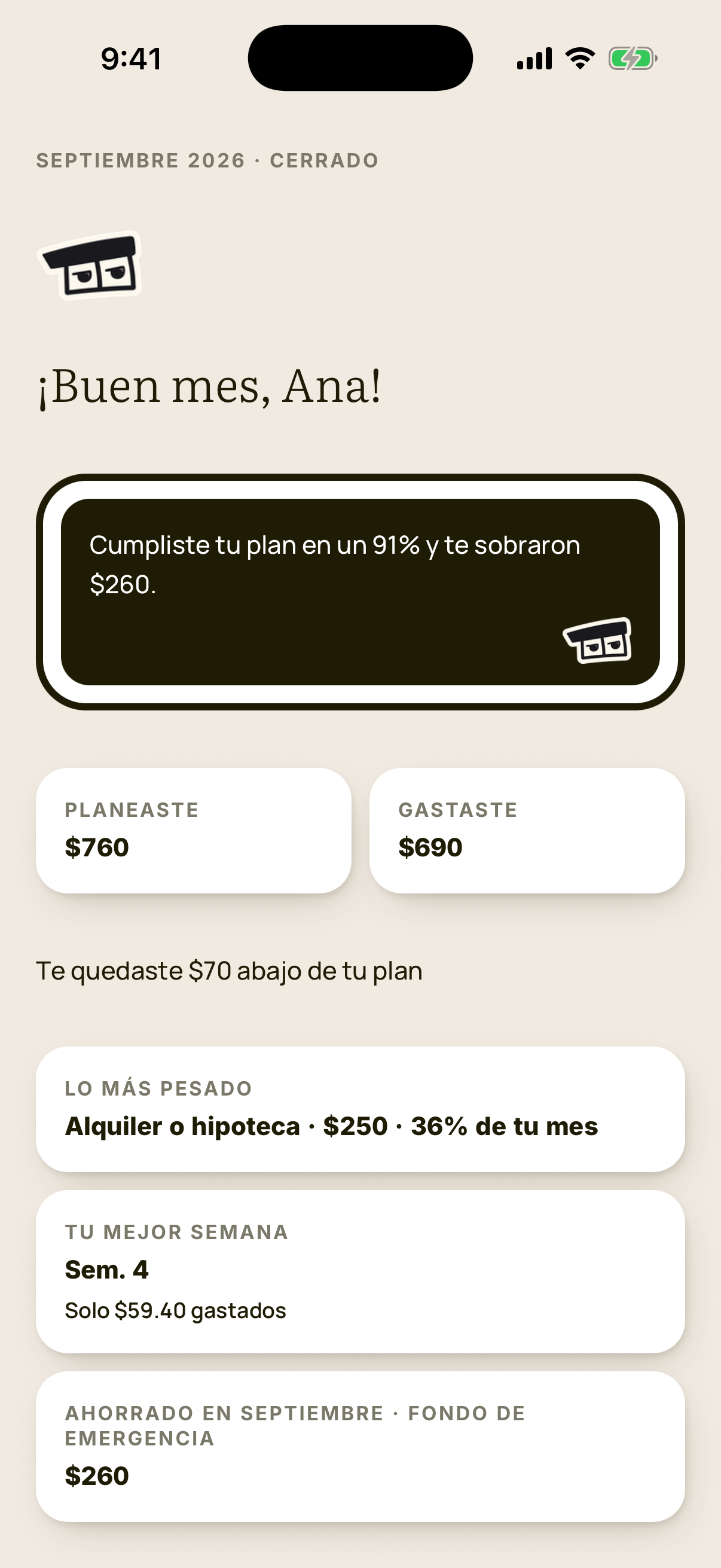 Cierre de septiembre en la app Fineas: ¡Buen mes, Ana! Cumpliste tu plan en un 91 %: planeaste $760, gastaste $690 y te sobraron $260 para tu fondo de emergencia